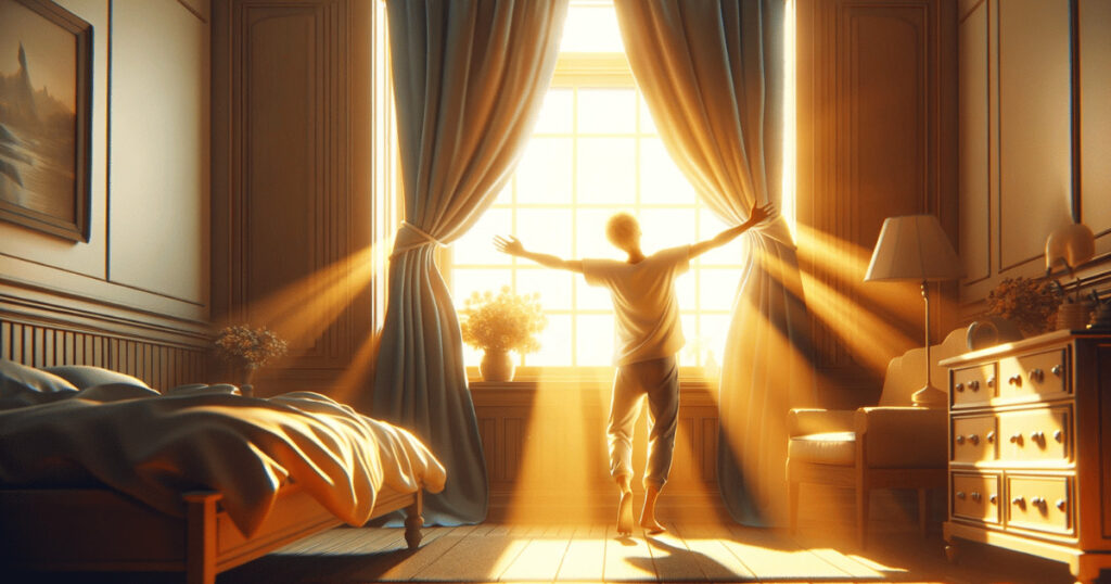 conceito de "Rise and Shine" - A cena retrata uma pessoa em um quarto iluminado pelo sol da manhã, esticando-se com uma expressão alegre ao abrir as cortinas.