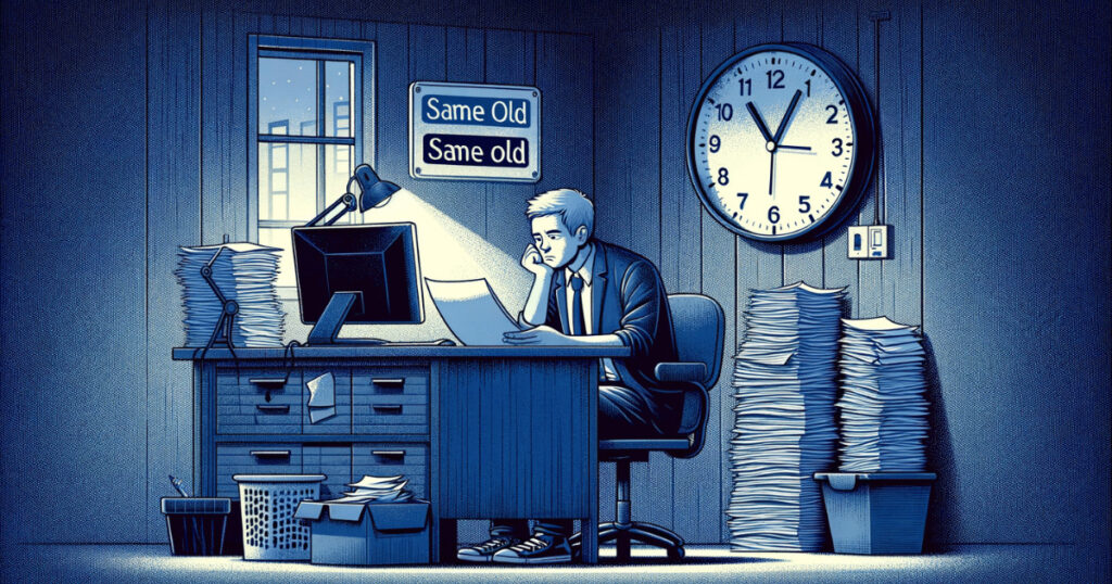 conceito de "same old, same old" - retrata uma pessoa em um ambiente de escritório, sentada à mesa cercada por pilhas de papéis e um computador, com uma expressão de tédio ou cansaço, e um relógio na parede mostrando a monotonia da rotina diária. A paleta de cores em tons de azul e cinza enfatiza o tema de rotina e monotonia.