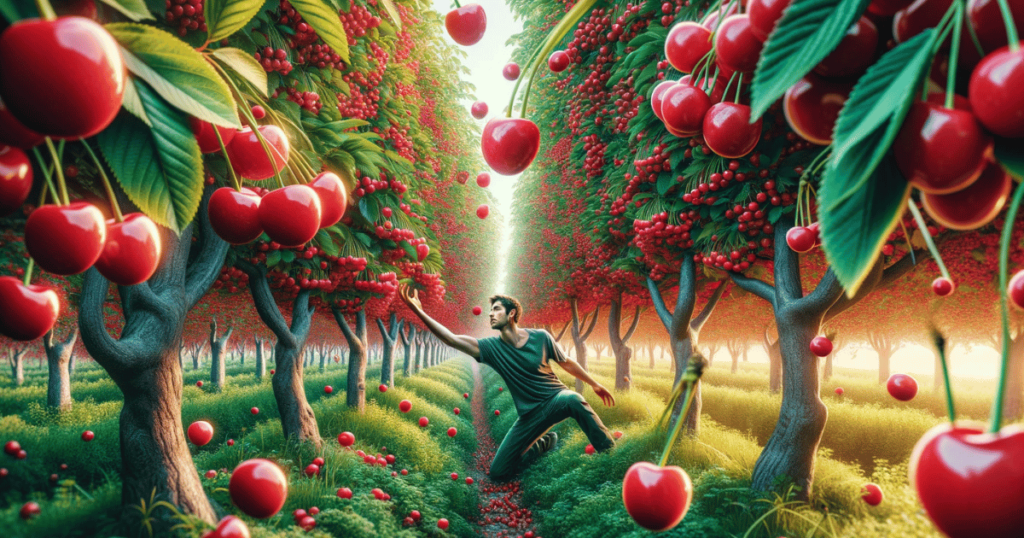 cherry-pick" - A cena mostra uma pessoa em trajes casuais colhendo cerejas de forma natural e seletiva em um pomar vívido e exuberante.