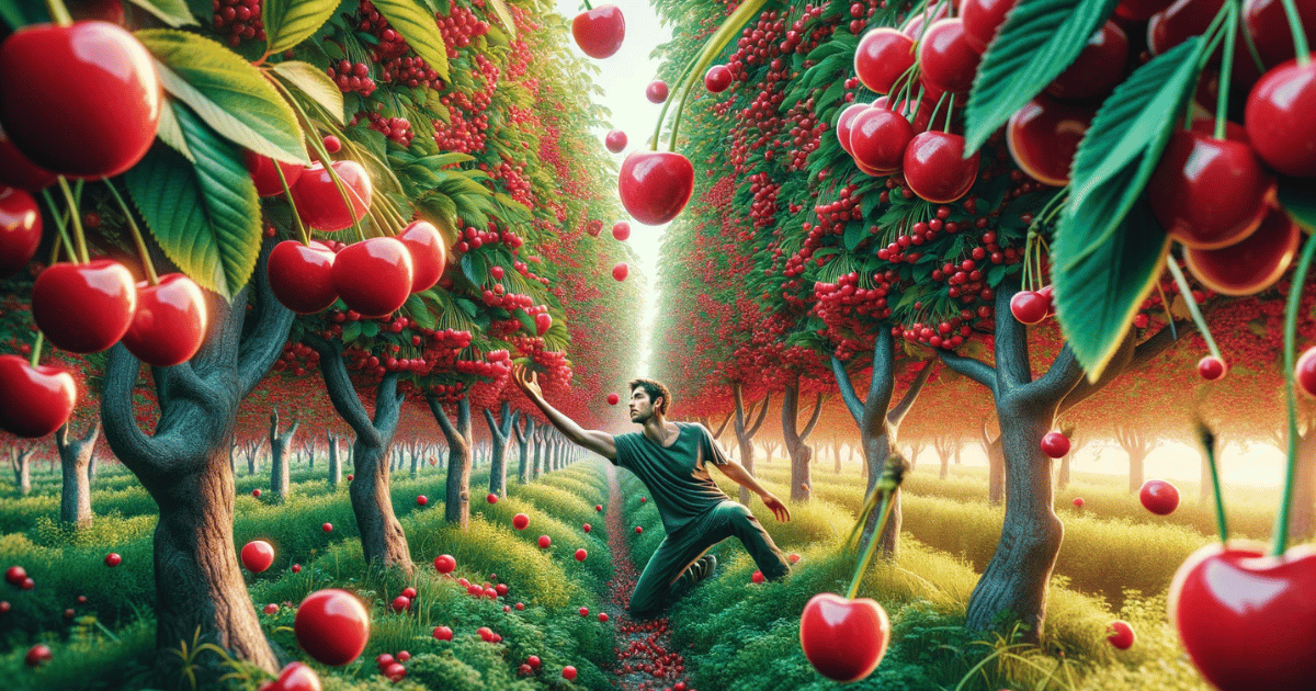 cherry-pick" - A cena mostra uma pessoa em trajes casuais colhendo cerejas de forma natural e seletiva em um pomar vívido e exuberante.