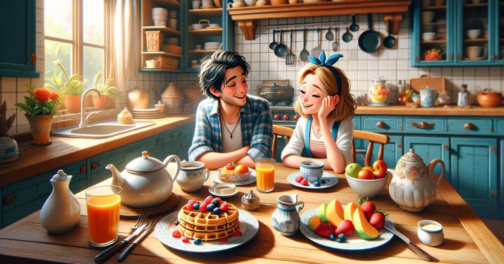 Imagem de Alice e Mike sentados em sua cozinha, com uma travessa de waffles, frutas e café na mesa, desfrutando de um brunch caseiro em um ambiente acolhedor