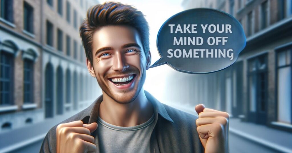 Pessoa sorridente celebrando seu aprendizado da expressão 'take your mind off something' em inglês, simbolizando a alegria no domínio do idioma