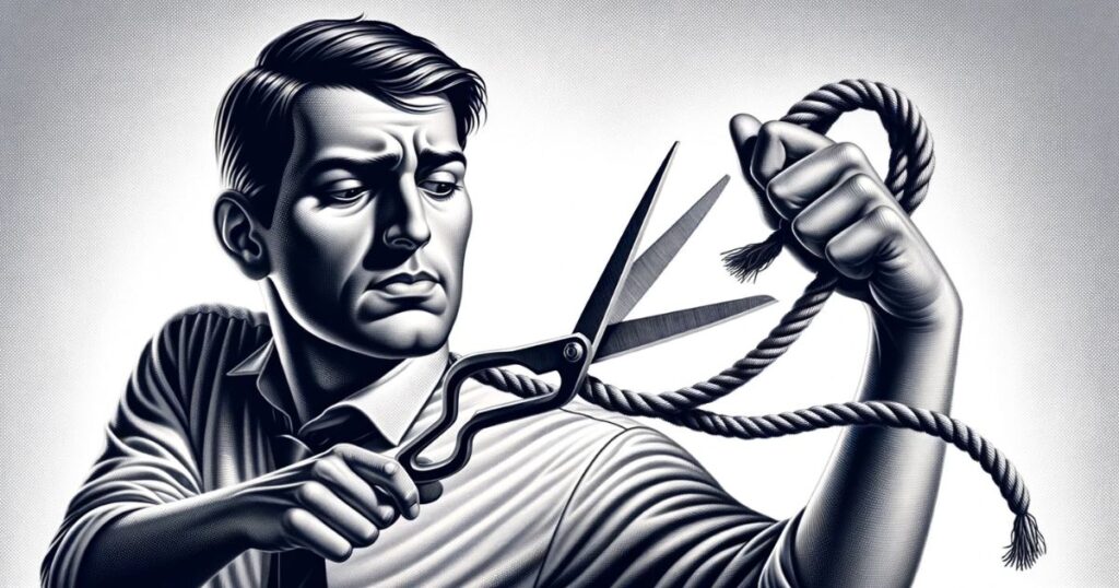 Imagem ultrarrealista de uma pessoa cortando uma corda com uma tesoura, simbolizando o ato de dar uma folga ou aliviar a pressão sobre si mesmo ou os outros
