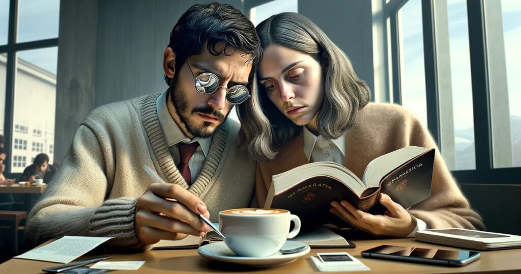 Imagem de Ana e Pedro estudando em uma cafeteria, com Ana segurando um livro de gramática e xícaras de café na mesa, representando o estudo em um ambiente relaxante