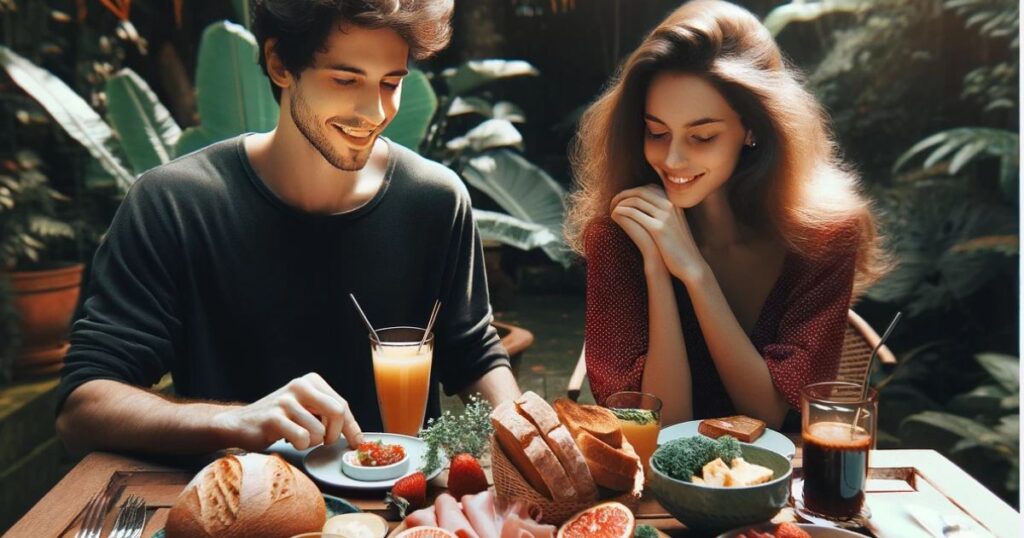 Imagem de Lucas e Julia sentados ao ar livre, desfrutando de um brunch com torradas, ovos mexidos, salmão defumado e suco de laranja, em um ambiente natural e relaxante