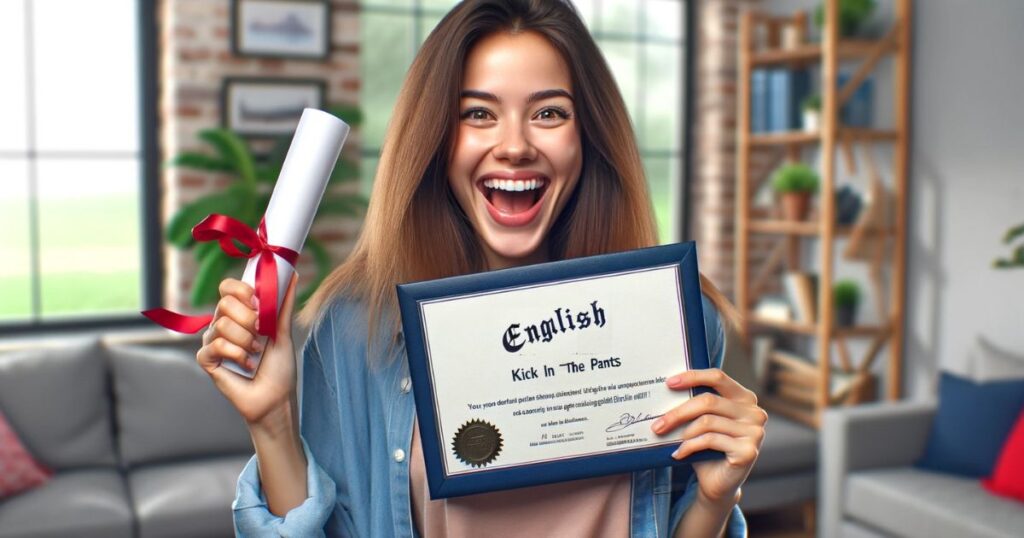 Mulher animada e sorridente segurando um diploma em inglês, celebrando o aprendizado da expressão 'Kick in The Pants'