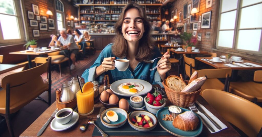 Imagem de uma pessoa sorrindo e comemorando enquanto come brunch em um café aconchegante, com uma mesa cheia de delícias como ovos, torradas e frutas