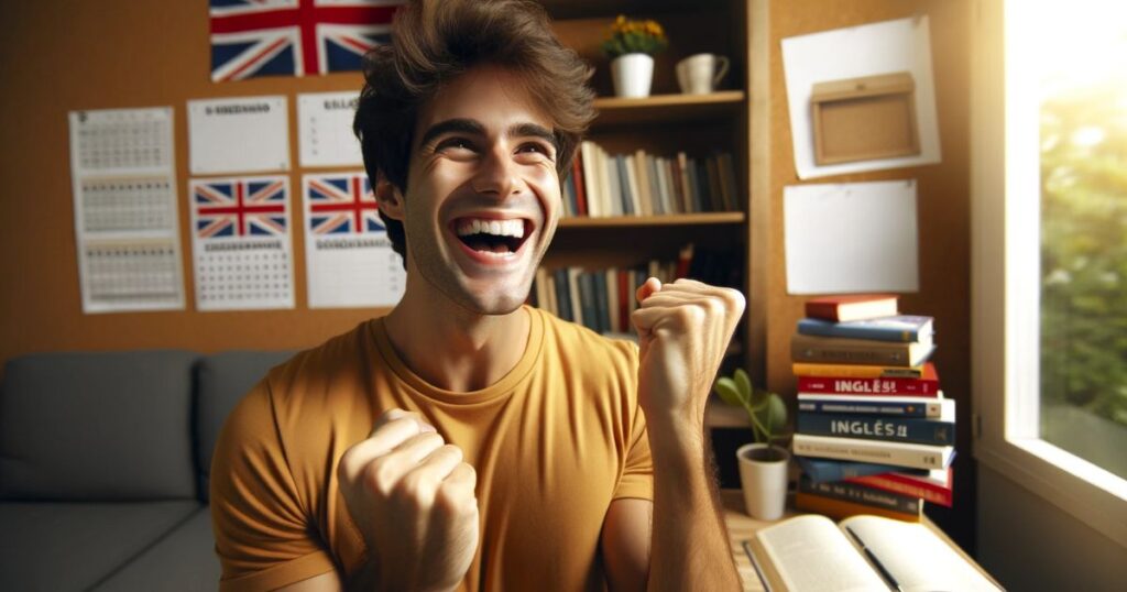 Imagem de uma pessoa sorridente em um ambiente de estudo, celebrando o sucesso em falar inglês, com livros e materiais educacionais ao redor