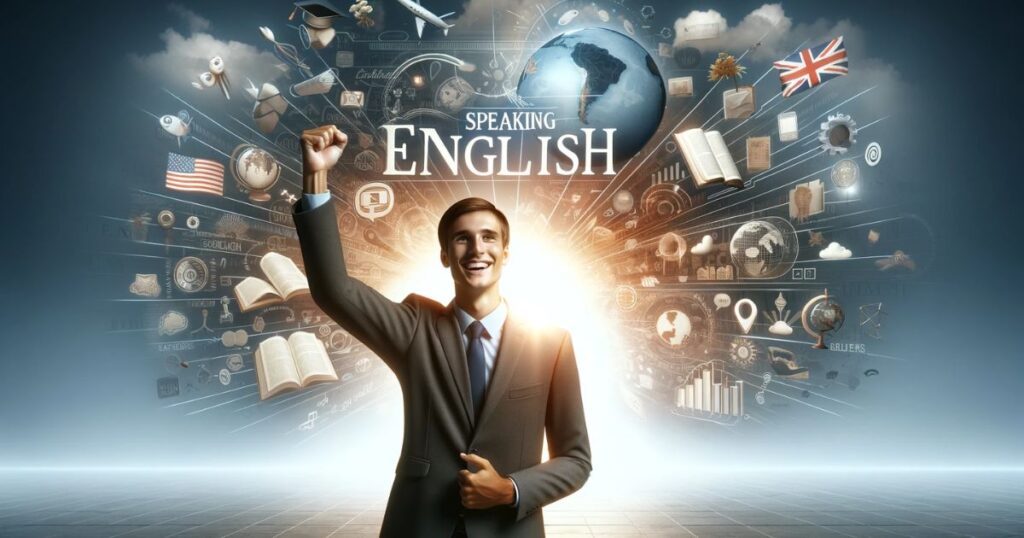 Pessoa alegre celebrando o sucesso em falar inglês, com os braços levantados em um ambiente inspirador de aprendizado de idiomas