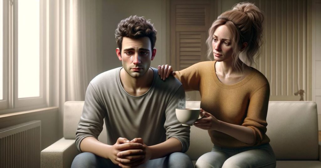 David sentado com uma expressão triste e Lisa ao seu lado oferecendo conforto com uma xícara de chá, em um ambiente caseiro.