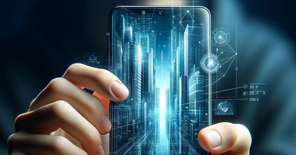 Pessoa usando um smartphone moderno, representando a tecnologia de ponta e a conectividade avançada