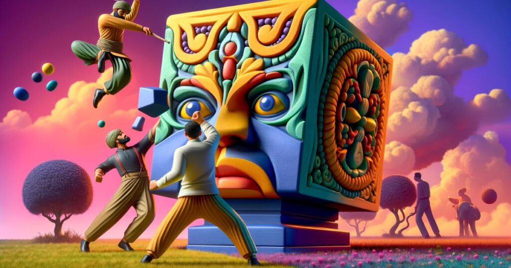 Imagem representando a expressão 'Knock One’s Block Off', com duas figuras caricatas em um confronto lúdico. Ideal para conteúdo que explora conflitos e desafios de forma humorística e criativa