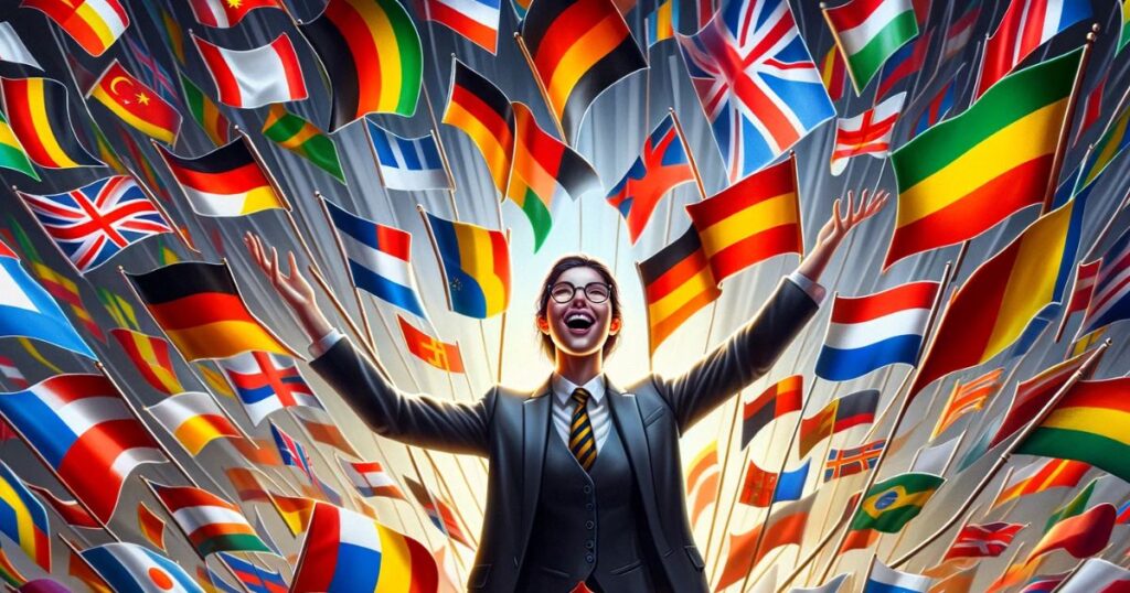 Imagem de uma pessoa celebrando a fluência em inglês, cercada por bandeiras de vários países, simbolizando a diversidade cultural e a importância global do idioma.
