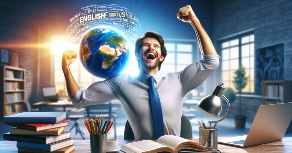 Pessoa celebrando o aprendizado da expressão 'Make Good', comemorando seu avanço no inglês, simbolizando alegria e realização linguística