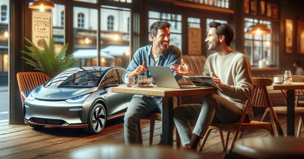 Dois amigos em um café discutindo sobre um novo carro elétrico, evidenciando o interesse em tecnologias automotivas avançadas