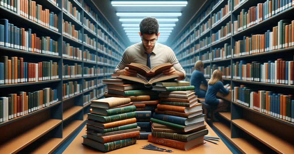 Imagem de uma pessoa estudando intensamente em uma biblioteca, concentrada em vários livros, simbolizando o esforço e a dedicação no processo de aprendizado