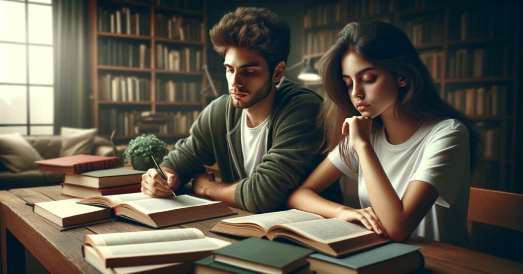 Imagem de Maria e João sentados em uma mesa com livros e cadernos, concentrados nos estudos, representando a dedicação e o esforço no processo de aprendizado.