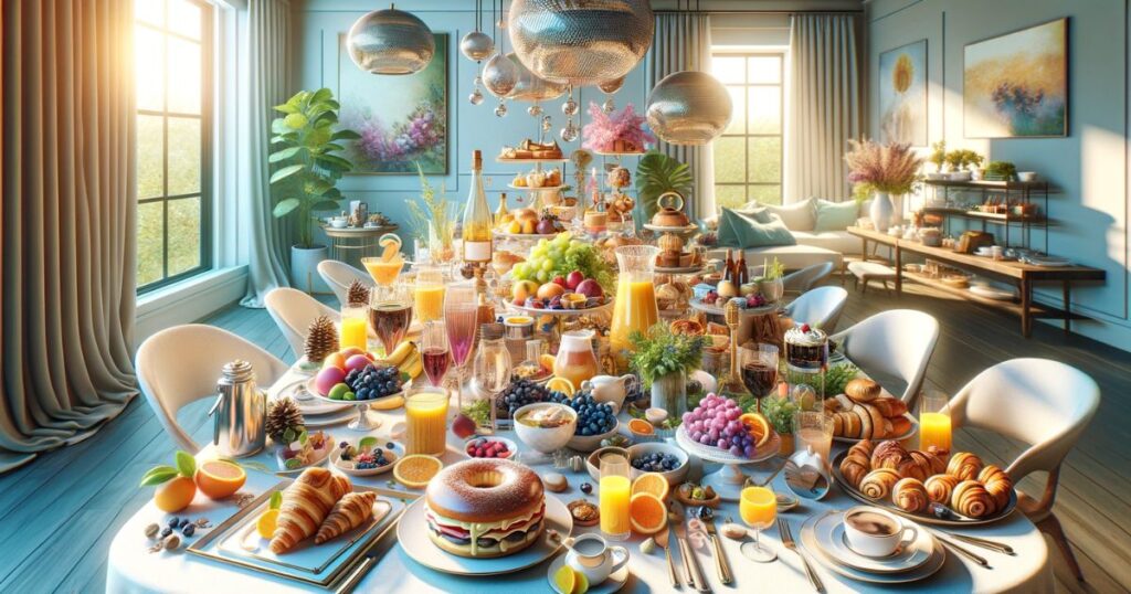 Imagem ilustrando o conceito de brunch, com uma mesa luxuosa repleta de pratos de café da manhã e almoço em um ambiente claro e convidativo. Ideal para conteúdo relacionado a gastronomia, tendências alimentares e dicas de entretenimento