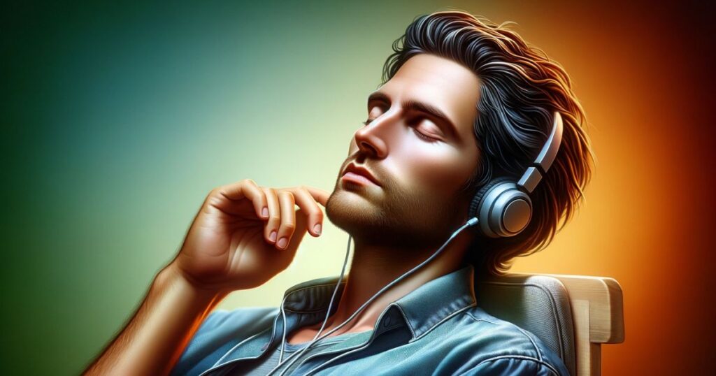 Pessoa relaxando enquanto ouve música, ilustrando a ideia de 'take your mind off something' para aliviar o estresse