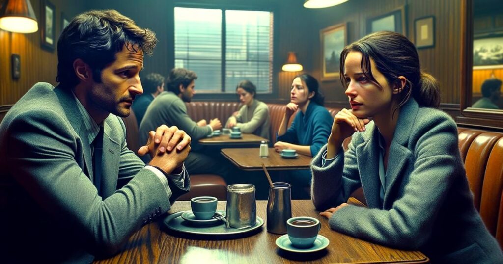 Imagem do protagonista e Lisa em um café, conversando seriamente sobre o comportamento de Mark, refletindo preocupação e compreensão em um ambiente acolhedor