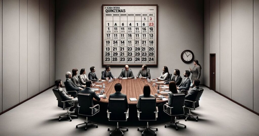 Imagem de uma reunião de equipe em uma sala, com um calendário indicando encontros quinzenais, representando o conceito de 'Every Other' em um ambiente de trabalho