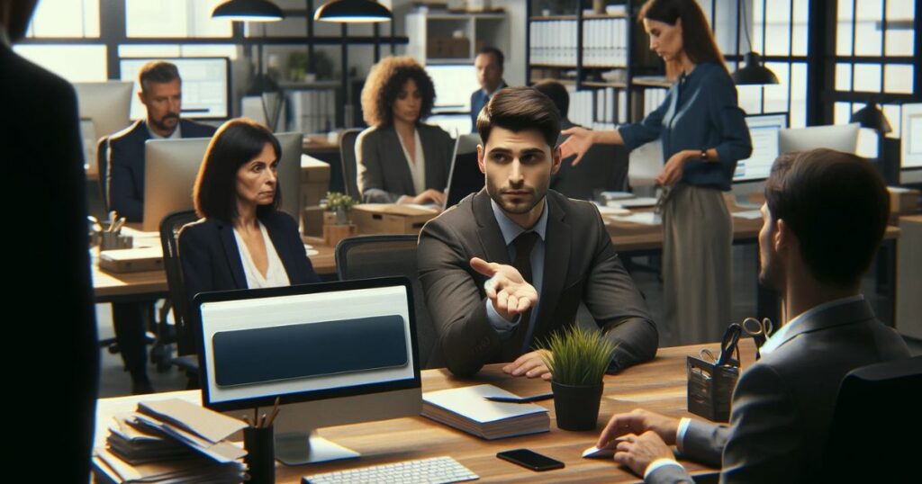 Imagem realista de pessoas trabalhando em um escritório, com uma delas pedindo aos colegas para serem mais compreensivos, destacando a empatia e o apoio no ambiente de trabalho