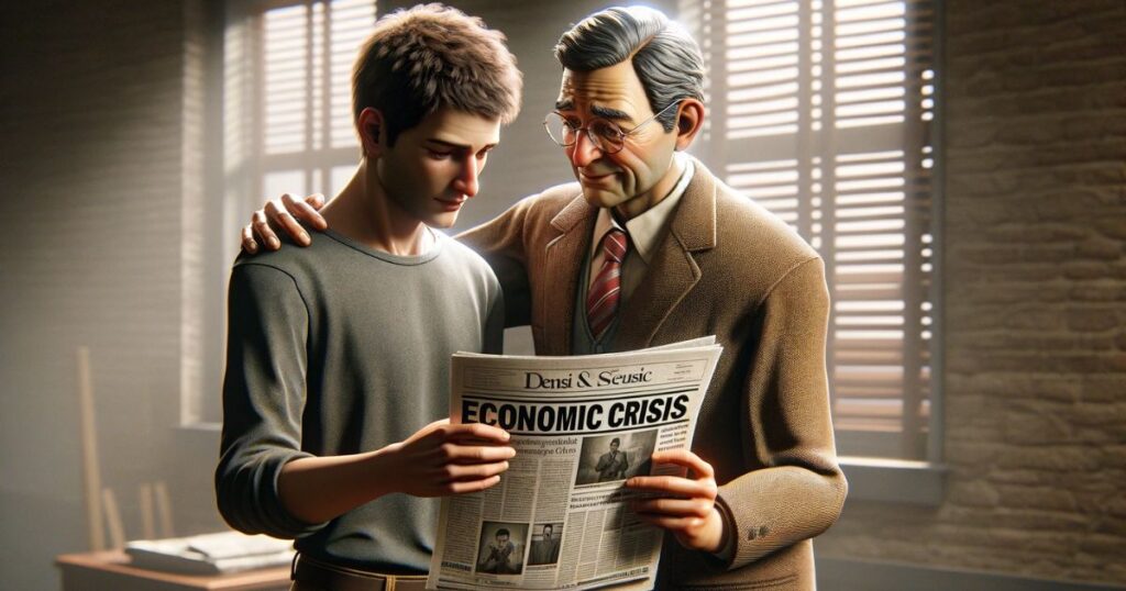 Alex ao lado do leitor, segurando um jornal com a manchete 'Crise Econômica' e dando um tapinha nas costas, simbolizando apoio e encorajamento