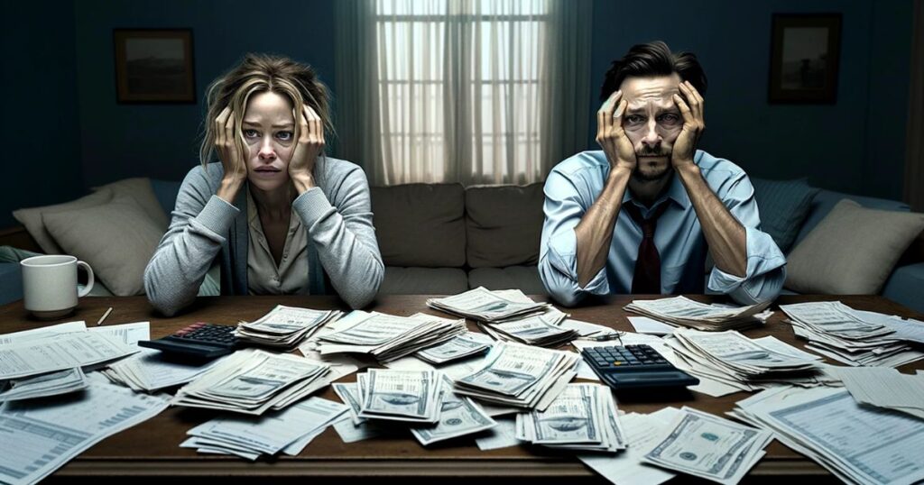 Imagem de John e Sarah sentados à mesa com várias contas e papéis, expressando preocupação mas determinados a enfrentar a situação financeira, representando 'Grin and Bear it'