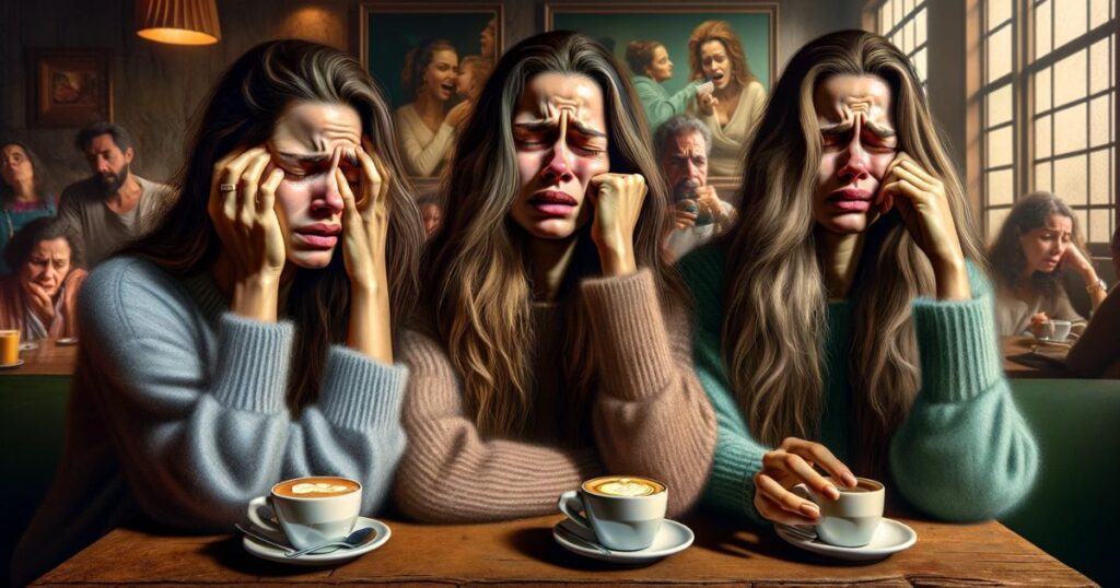 Imagem de Maria e Laura sentadas em um café, expressando frustração mas tentando manter a compostura, simbolizando a ideia de 'Grin and Bear it' em um ambiente social