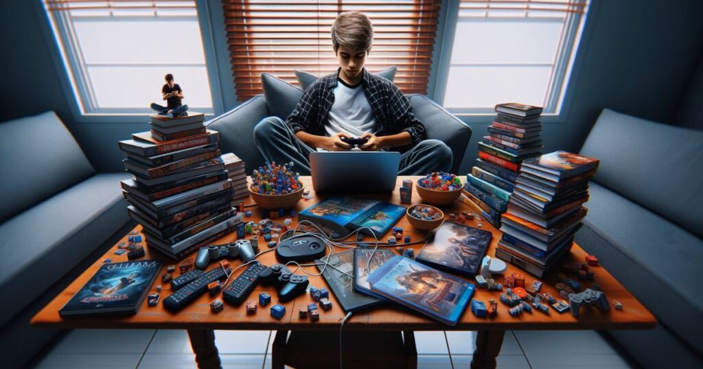 Imagem de Lucas sentado em uma mesa com jogos de tabuleiro e um laptop, representando um momento de lazer e relaxamento em meio aos estudos