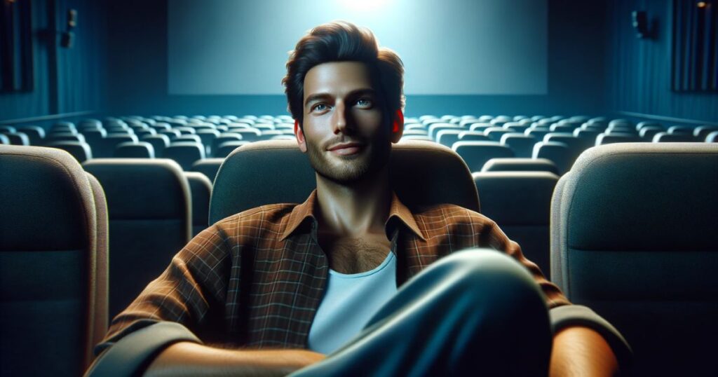 Homem relaxado assistindo a um filme em uma sala de cinema, imerso na experiência cinematográfica