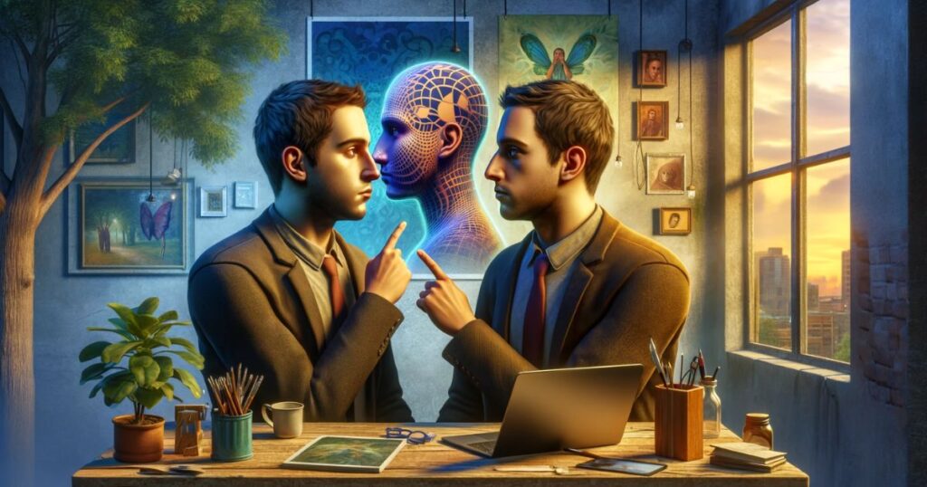 Imagem simbolizando a expressão 'It Takes One to Know One', mostrando dois personagens semelhantes se reconhecendo. A cena destaca temas de autoconhecimento e compreensão mútua, ideal para conteúdos relacionados a psicologia, relações humanas e empatia