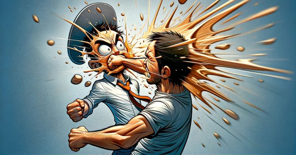 Desenho animado de uma pessoa prestes a dar um soco na cabeça de outra, ilustrando a expressão 'Knock One's Block Off'
