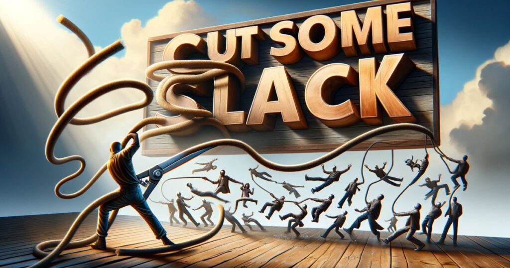 Imagem ilustrando a expressão 'Cut Some Slack', com a representação de uma corda sendo cortada, simbolizando a concessão de mais liberdade e a redução de pressão. Ideal para conteúdo sobre empatia, flexibilidade e compreensão nas relações pessoais e profissionais
