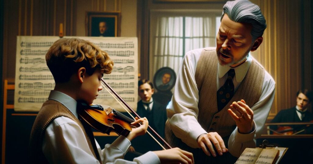 Imagem de um professor de música encorajando um aluno a tocar violão, em uma sala de aula com instrumentos musicais, representando paciência e apoio no aprendizado