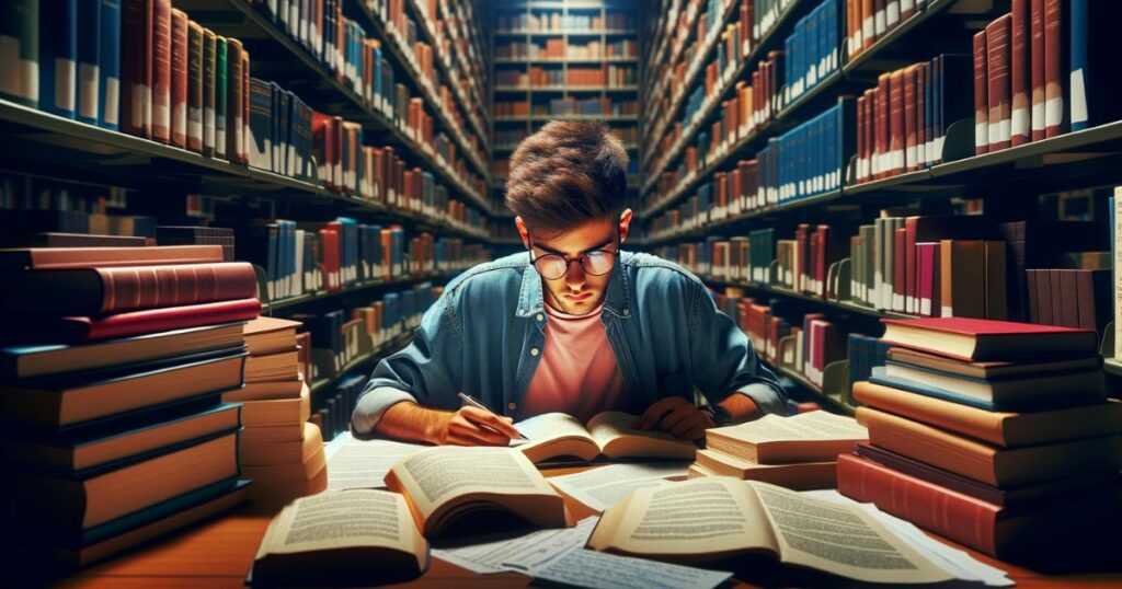 Imagem de um estudante universitário em uma biblioteca, cercado por livros e anotações, concentrado na preparação para uma prova, simbolizando dedicação ao estudo
