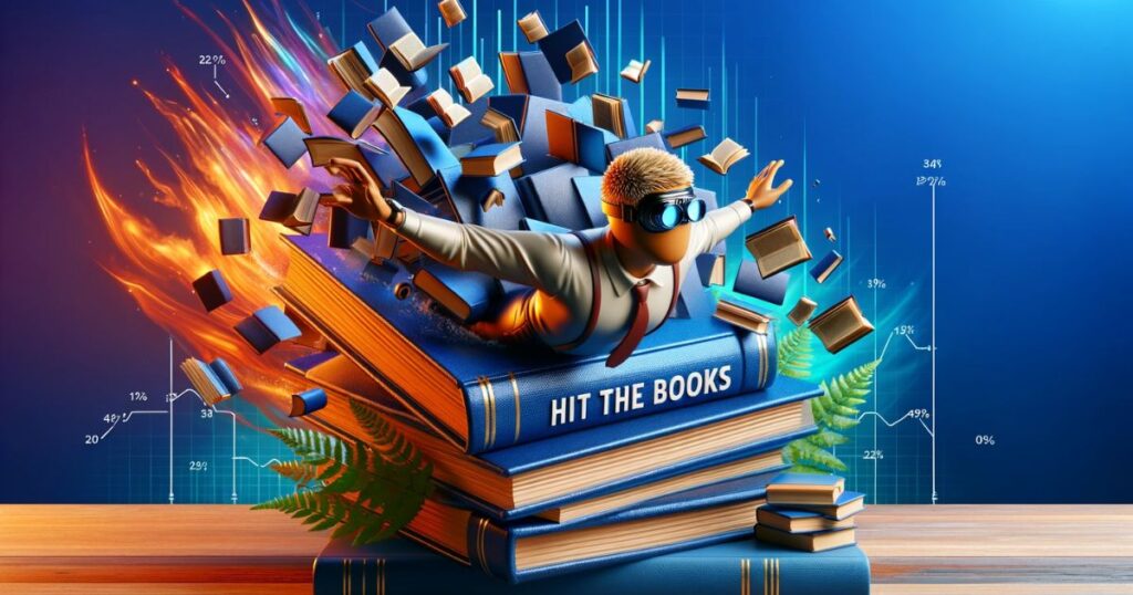 Imagem ilustrando a expressão 'Hit The Books', com um personagem mergulhando em uma pilha de livros, representando dedicação aos estudos. Ideal para conteúdo sobre educação, técnicas de estudo e motivação para aprender