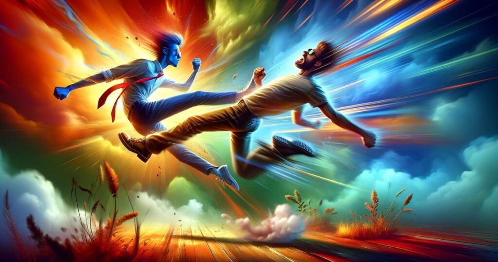 Imagem representando a expressão 'Kick in The Pants', com um personagem dando um chute simbólico em outro, em um cenário vibrante e cheio de ação. Ideal para artigos ou posts que abordam temas como motivação, incentivo e a importância de tomar iniciativas