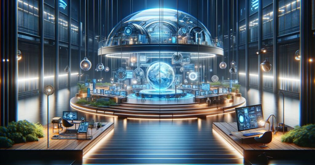 Imagem ilustrando a expressão 'State-of-The-Art', com um ambiente moderno e tecnologias avançadas. Representa a vanguarda da inovação tecnológica, ideal para conteúdo sobre avanços tecnológicos, inovação e design futurista