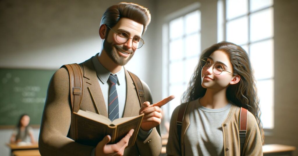 John ao lado de um estudante, segurando um livro e apontando para ele com um sorriso encorajador, representando motivação no aprendizado