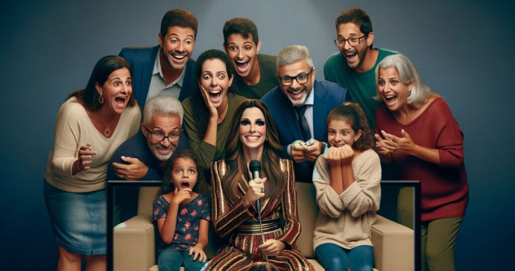 Imagem de Sarah como jurada em um programa de talentos na TV, com sua família reagindo aos seus comentários negativos, representando 'It Takes One to Know One' no contexto familiar.