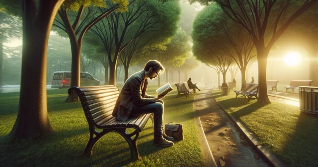 Pessoa lendo um livro em um parque, demonstrando a ideia de se distrair e relaxar ao ar livre