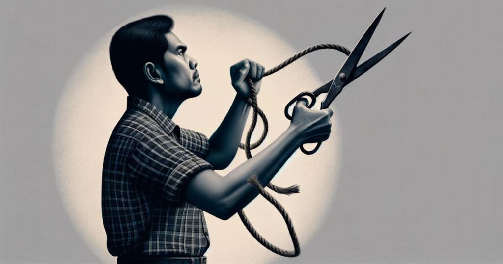 Imagem ultrarrealista de uma pessoa cortando uma corda com uma tesoura, simbolizando o ato de se libertar de restrições e aliviar pressões