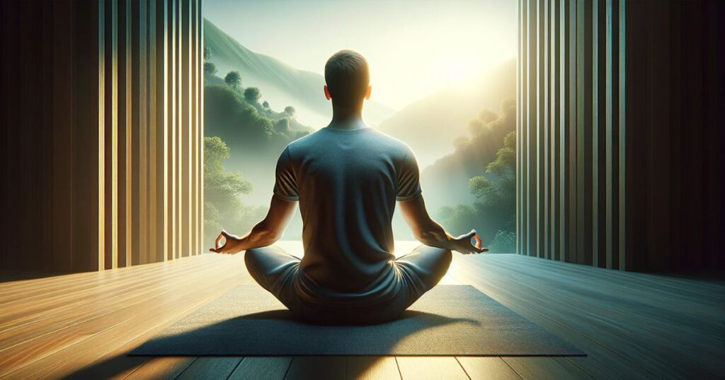 Pessoa meditando em um ambiente sereno, alcançando paz interior e clareza mental