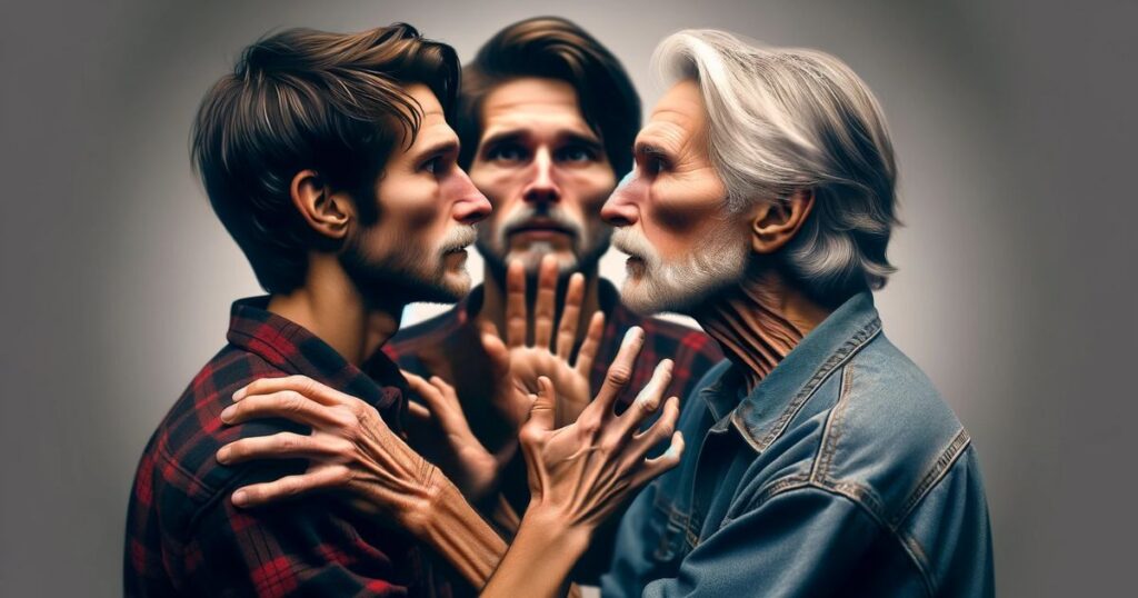 Imagem de duas pessoas parecidas se aproximando para apertar as mãos, com expressões de simpatia e empatia, em um ambiente que sugere reconhecimento e conexão mútua