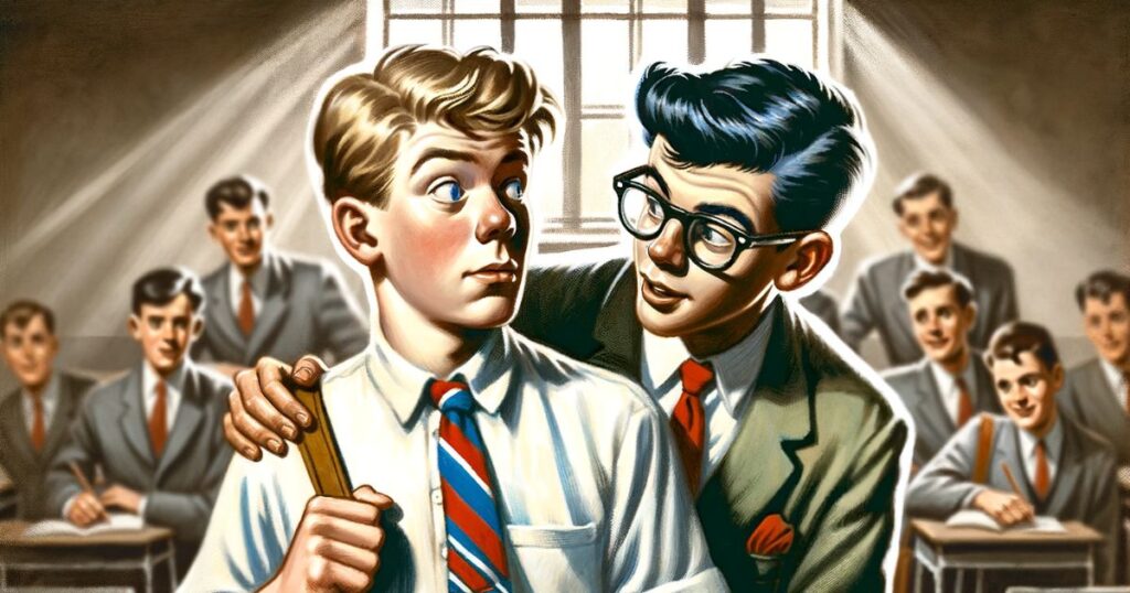 Imagem de um estudante tímido sendo abordado por outro mais confiante em um ambiente acadêmico, simbolizando a identificação e compreensão mútua, representando 'It Takes One to Know One'
