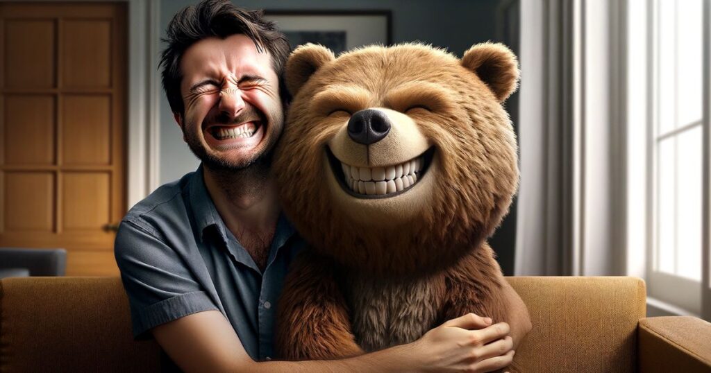 Imagem de uma pessoa sorrindo e segurando um urso de pelúcia, simbolizando resiliência e otimismo em situações desafiadoras, representando 'Grin and Bear it'
