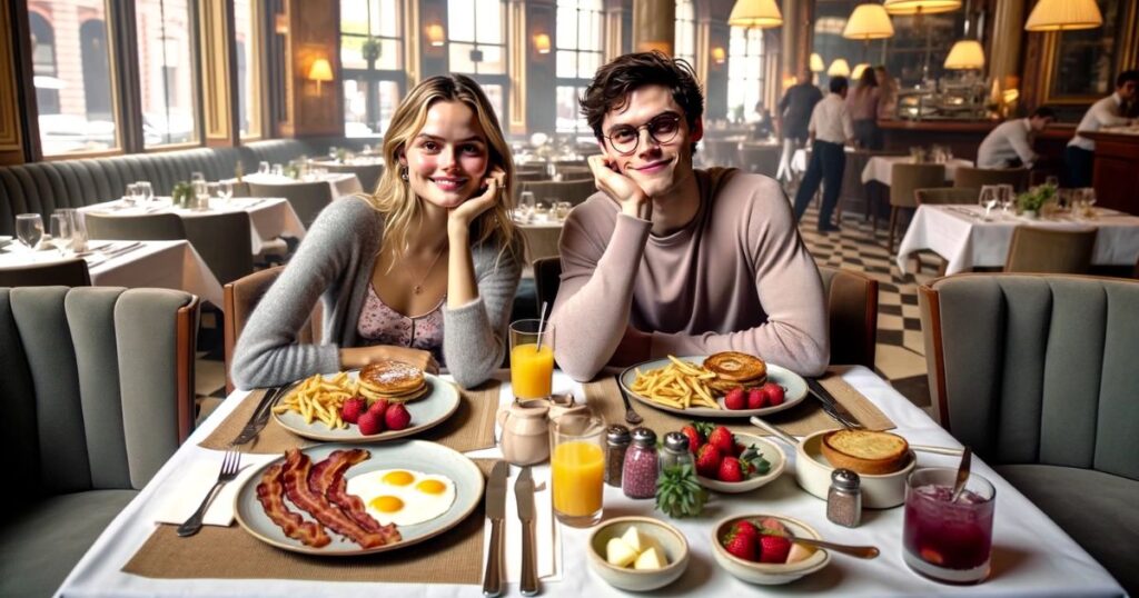 Imagem de Emma e Tom sentados em um restaurante, com uma mesa repleta de delícias de brunch, incluindo panquecas, bacon, ovos e frutas, desfrutando de um momento gastronômico