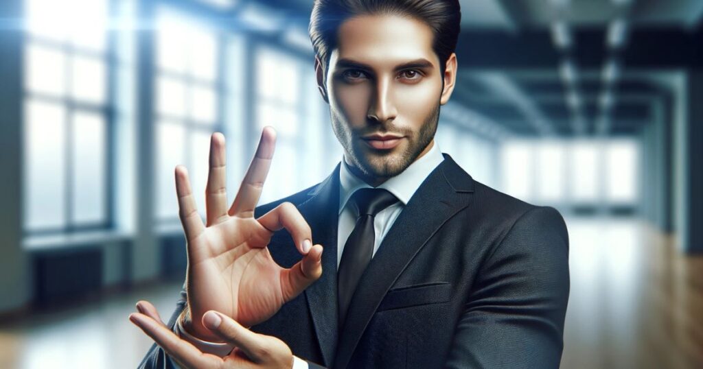 Empresário de terno e gravata fazendo um gesto de sucesso com as mãos, exemplificando o conceito de 'Make Good'.