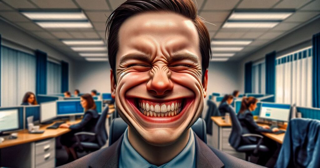 Imagem de uma pessoa sorrindo em uma situação desafiadora, simbolizando a expressão 'grin and bear it' e a capacidade de manter o otimismo diante de adversidades